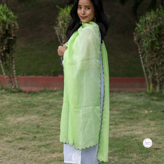 Plain Kota Doria Dupatta with Scallop Work