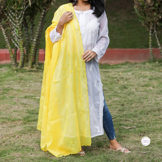 Plain Kota Doria Dupatta with Scallop Work