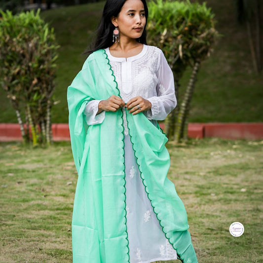 Plain Kota Doria Dupatta with Scallop Work