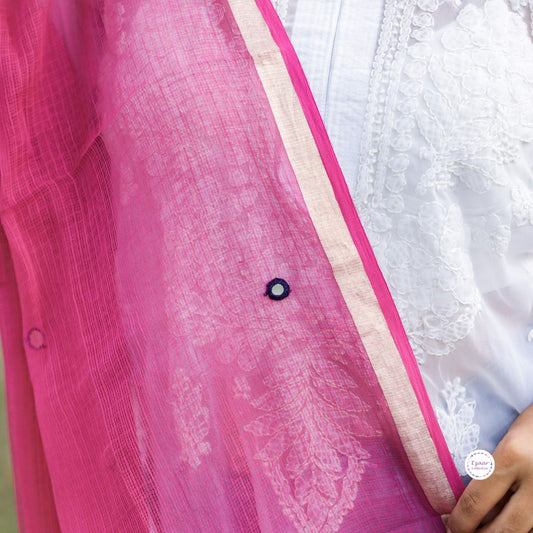 Pink Plain Kota Doria Dupatta with blue embroidered mirror work