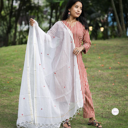 Plain Kota Doria Dupatta with Red embroidered mirror work