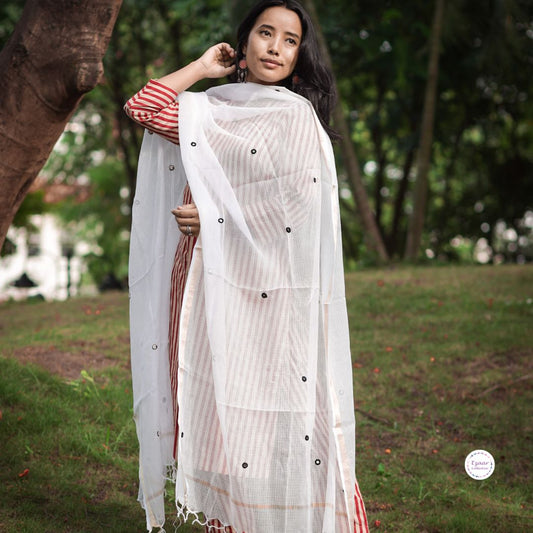 Plain Kota Doria Dupatta with black embroidered mirror work