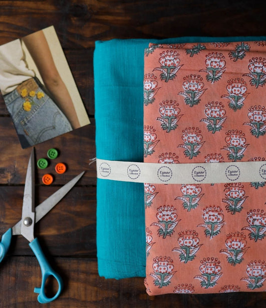 Combo of Block Print Top and Slub Cotton Solid Bottom Suit Set - 2