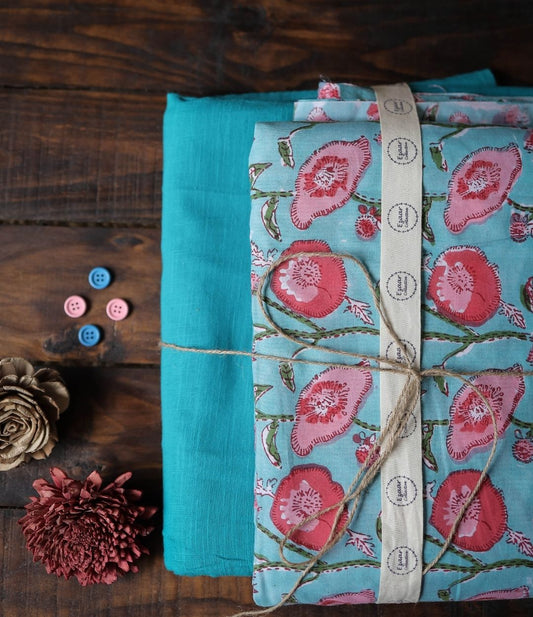 Combo of Block Print Top and Slub Cotton Solid Bottom Suit Set - 6