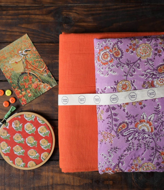 Combo of Block Print Top and Slub Cotton Solid Bottom Suit Set