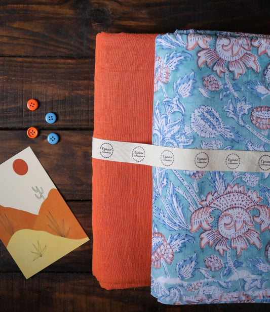 Combo of Block Print Top and Slub Cotton Solid Bottom Suit Set - 5