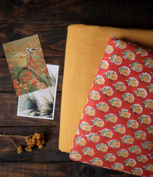 Combo of Block Print Top and Slub Cotton Solid Bottom Suit Set - 4