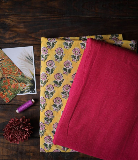 Combo of Block Print Top and Slub Cotton Solid Bottom Suit Set - 8