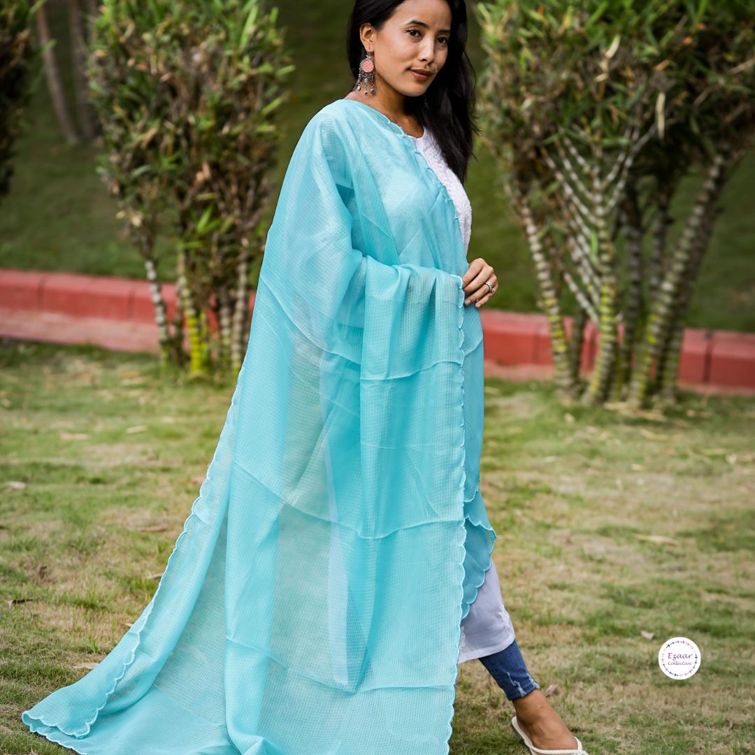 Plain Kota Doria Dupatta with Scallop Work