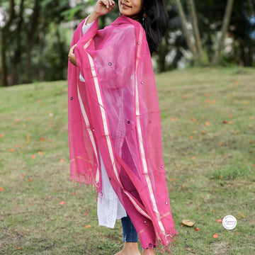 Pink Plain Kota Doria Dupatta with blue embroidered mirror work