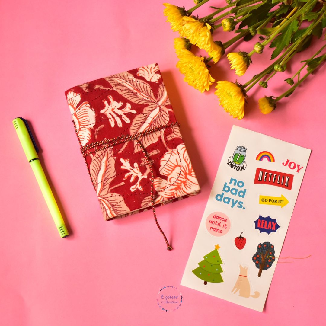 Handmade Paper Journal | Block Print Cover |Red Tropical