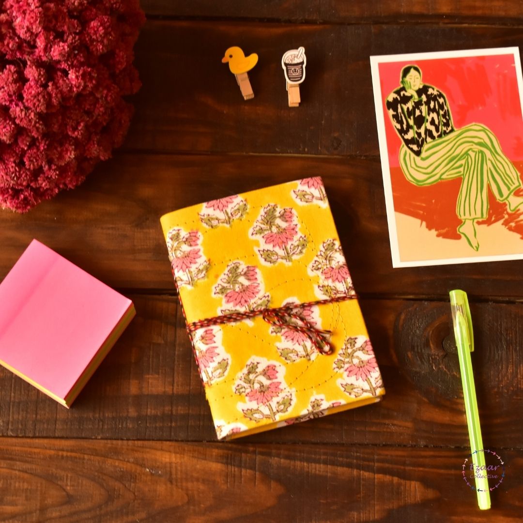 Handmade Paper Journal | Block Print Cover | Yellow