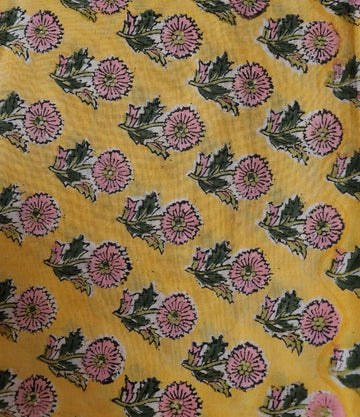 Yellow Floral Butti Sanganeri hand block print Cotton Fabric