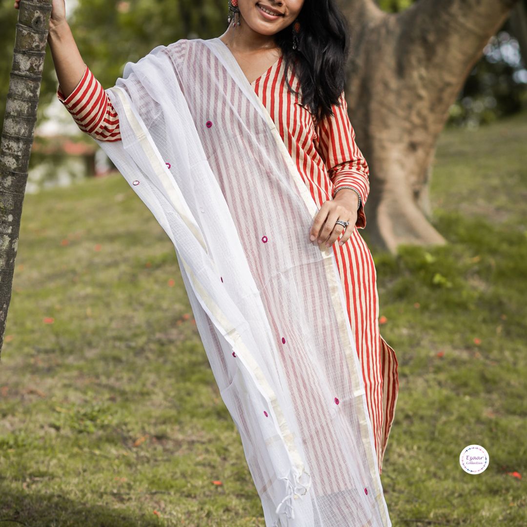 Plain Kota Doria Dupatta with pink embroidered mirror work