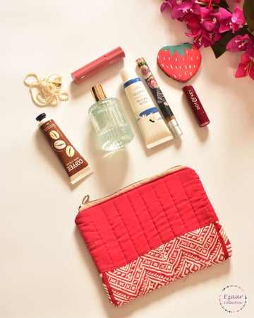 Upcycled Red handloom Make up pouch