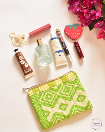 Upcycled Green handloom Make up pouch