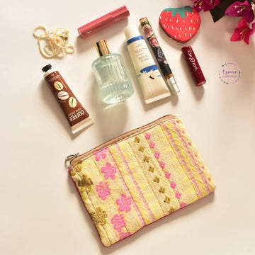 Upcycled yellow handloom Make up pouch