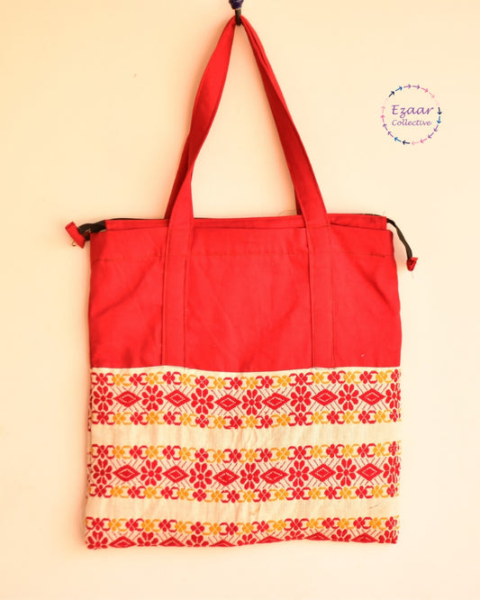 Patchwork Tote Bag - Red and off white